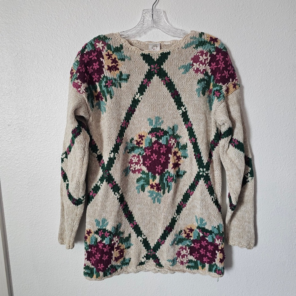 Vintage MJ Carroll Floral Embroidered Argyle Knit Sweater Beige Cottagecore XL